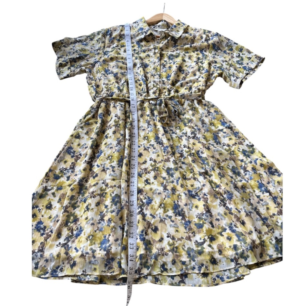 RW&Co Short Sleeved Button Down Chiffon Dress Floral Dress with Belt Sz L - Picture 10 of 11